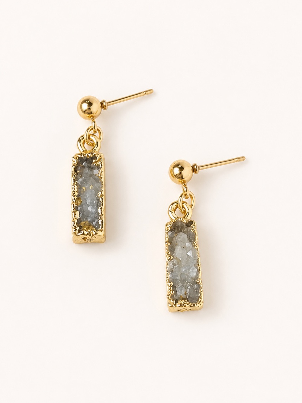 18K Gold Plated Gray Druzy Bar Stud Earrings